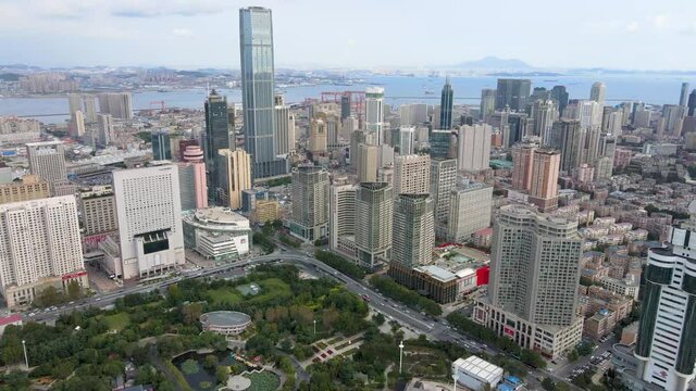 aerial shot of dalian city center