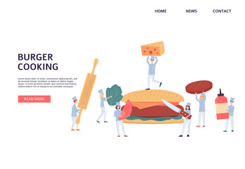 Website interface design with chiefs cooking a burger, flat vector illustration.