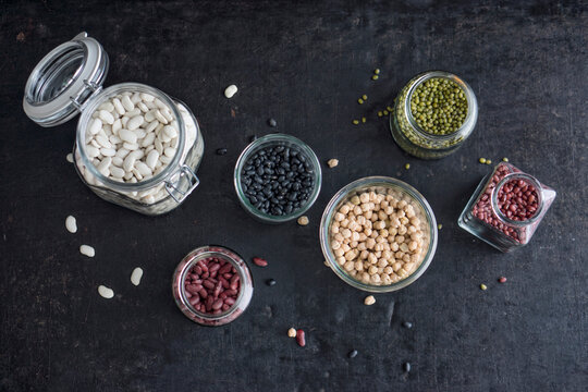 Food: Different Legumes, lentils in Jars