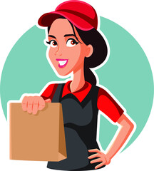 Female Fast Food Worker Holding Delivery Bag