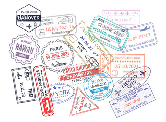 Stamp in passport for traveling an open passport. International arrival visa stamps vector Mexico, Australia, Hong Kong, Canada,USA, New York, Hawaii, Paris, Hanover