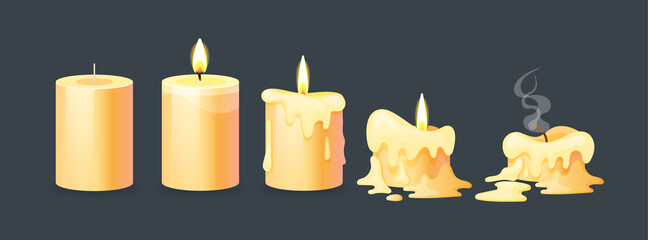 Burning candles flame set. Cartoon burning yellow wax candles on the different stages of burning from a whole before an extinguished candle to cinder vector