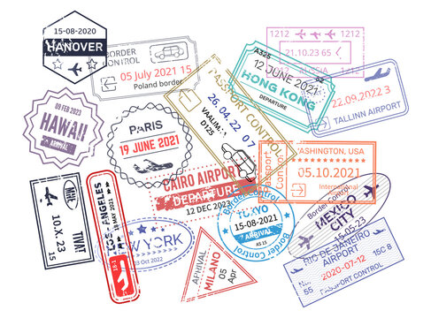 Stamp in passport for traveling an open passport. International arrival visa stamps vector Mexico, Australia, Hong Kong, Canada,USA, New York, Hawaii, Paris, Hanover
