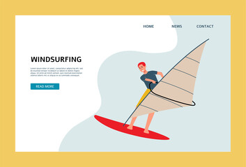 Web banner for windsurfing sport with man character flat vector illustration.