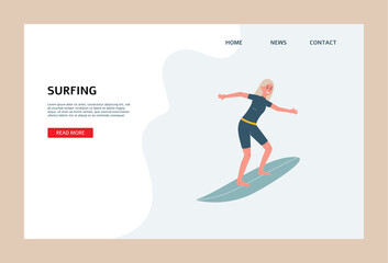 Surfing, extreme sport activity website with surfer flat vector illustration