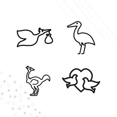 bird line icon set with ostrich, stork,