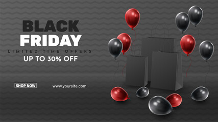 Black Friday Sale Poster with Shiny Balloons on Black and White Background. Universal vector background for poster, banners, flyers, card