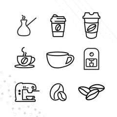 coffee line icon set, cup, beans. Coffee to go, coffee maker, turka