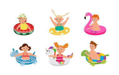 Set of kids swimming with rubber ring, flat cartoon vector illustration isolated