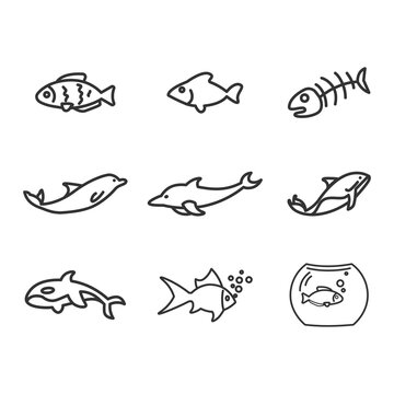 Sea fish line icon set with shark, dolphin, killer whale, aquarium fish