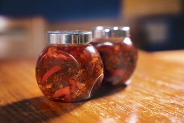 XO sauce in hong kong style, full bottle, wide shot