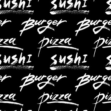 Sushi burger pizza lettering pattern and isolated hand drawing ink chalkboard chalk
