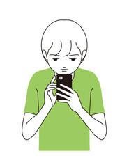 スマートフォンを猫背で見つめる男の子