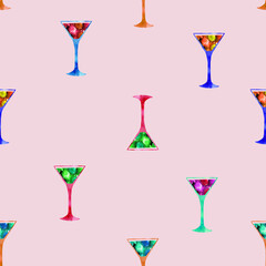 Watercolor seamless cocktail pattern . Sweet alcoholic drink for dessert.