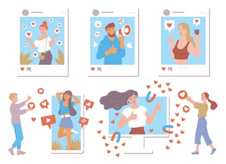 Social media influencers with likes and hearts a set of vector flat illustrations