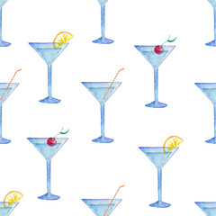Watercolor seamless cocktail pattern . Sweet alcoholic drink for dessert.