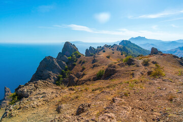 Peaks of the mountains of the Karadag reserve on a summer day, Crimea.
