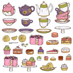 Set of tea utensils and sweet desserts in sketch vector illustration isolated.