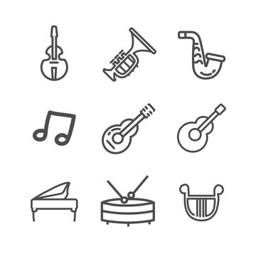 musical instruments line icon set, drums, grand piano, dulcimer, Barbitos, violin, trumpet, saxophone