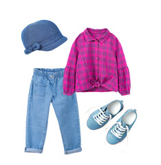 Child's clothes set isolated on white.Kid's fashion clothing collage.