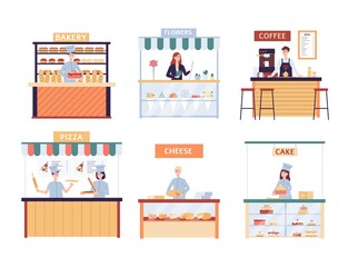 Small business set with shops and owners flat vector illustration isolated.