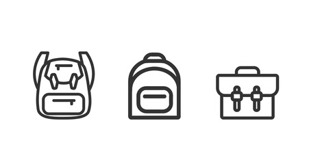 backpack. rucksack. Knapsack. Schoolbag. Sack line icon set