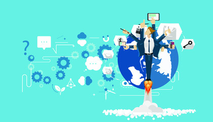 Businessman with rocket Contact communicate Technique - creative illustration of business startup. icon business. style design mod.
