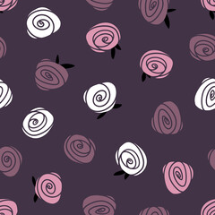 Roses flowers seamless pattern on a dark background. Simple vector hand drawn botanical illustration in scandinavian style. Ideal for printing textiles, baby clothes, wallpapers, packaging and more
