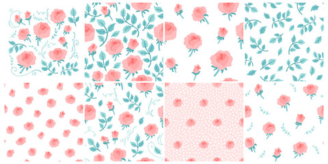Roses peonies with leaves seamless pattern set. Vector hand drawn illustration isolated on white background. Colorful cute flowers in pastel palette for your design, invitations, etc