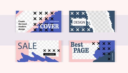 Modern design in pink and blue. Small black and white crosses. Trendy editable set horizontal banner with photo frame.