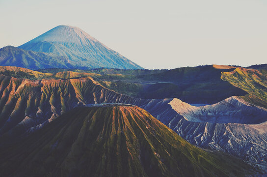 Crater of Mount Bromo, Mount Semeru and stately Mount Batok in Java, Indonesia