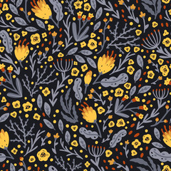 Cute floral pattern of small yellow flowers on a dark background. Ditsy print. Hand-drawn illustrations in a simple Scandinavian style. Ideal for printing textiles, baby clothes, fabrics, wallpapers.