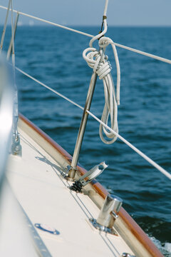 Close up of a rope on a sailboat while sailing