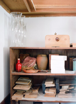 Old book binding workshop with antique books, papers and tools