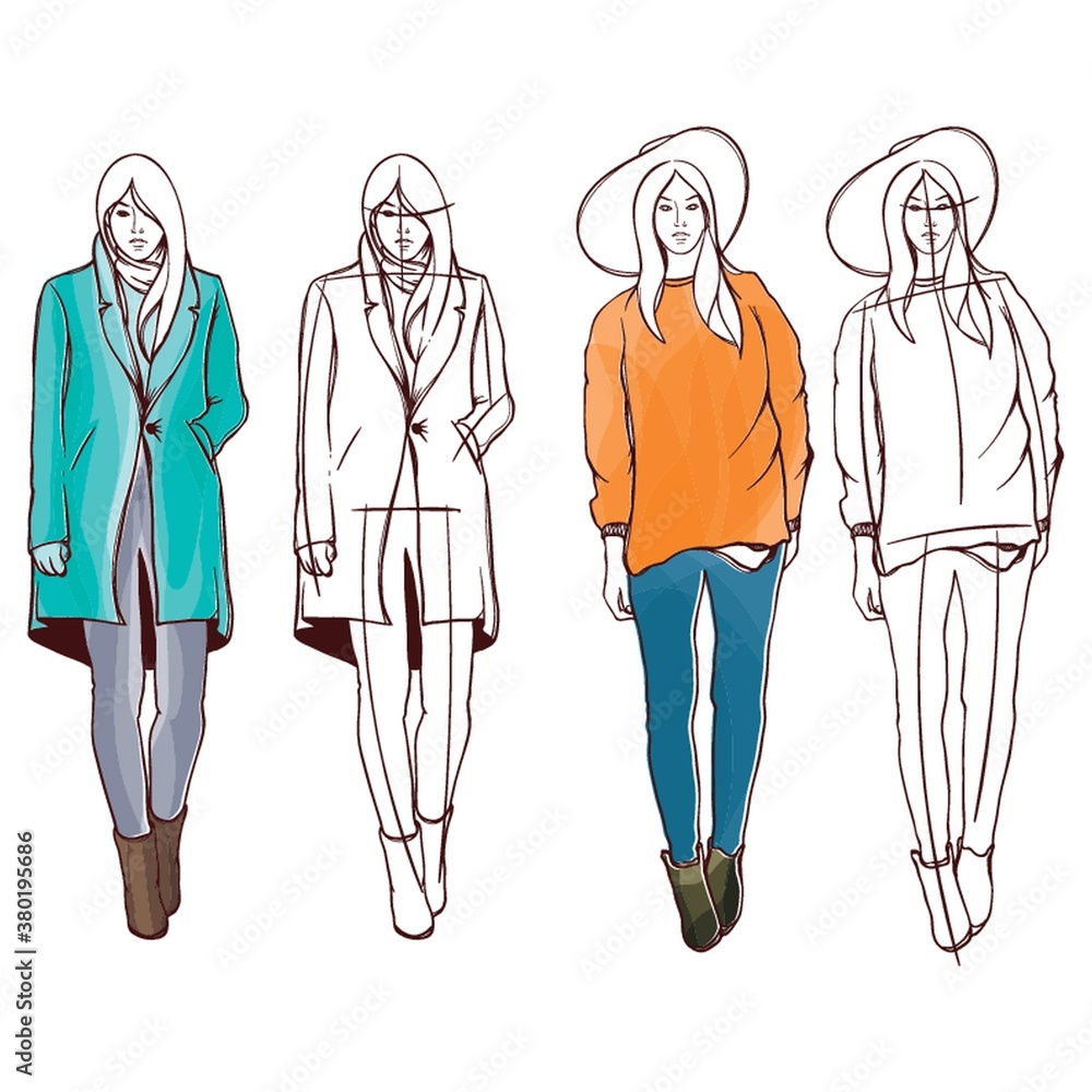 Sticker collection of fashion model sketches