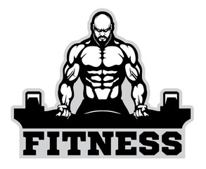 muscular bearded bodybuilder holds heavy barbell, logo, mascot, vector, cartoon, monochrome