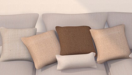 3d illustration of sofa pillows brown, ivory and beige colors closeup render