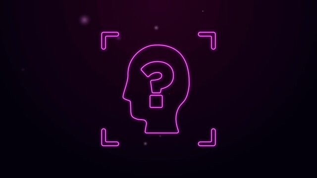 Glowing neon line Face recognition icon isolated on purple background. Face identification scanner icon. Facial id. Cyber security concept. 4K Video motion graphic animation.