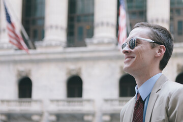 Portrait of Excitred New Job Professional Excited in Working in Finance Industry in Wall Street Stock Exchange