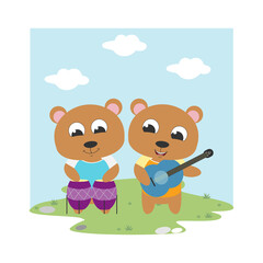 Obraz na płótnie Canvas cute bear play guitar and drum, simple vector illustration design