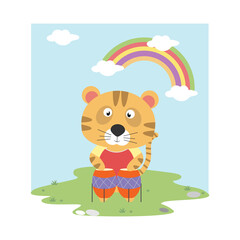 Obraz na płótnie Canvas cute tiger play drum, simple vector illustration design