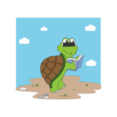 cute turtle reading a book, simple vector illustration design
