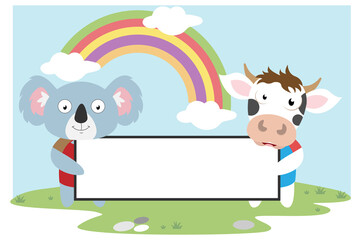 Obraz na płótnie Canvas cute animal cartoon hold a white board, simple vector illustration design