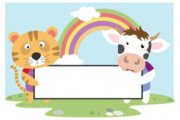 Obraz na płótnie Canvas cute animal cartoon hold a white board, simple vector illustration design