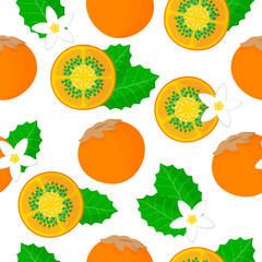 Vector cartoon seamless pattern with Solanum quitoense or Naranjilla exotic fruits, flowers and leaf on white background