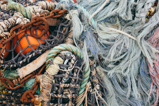 Pile of commercial fishing nets and ropes