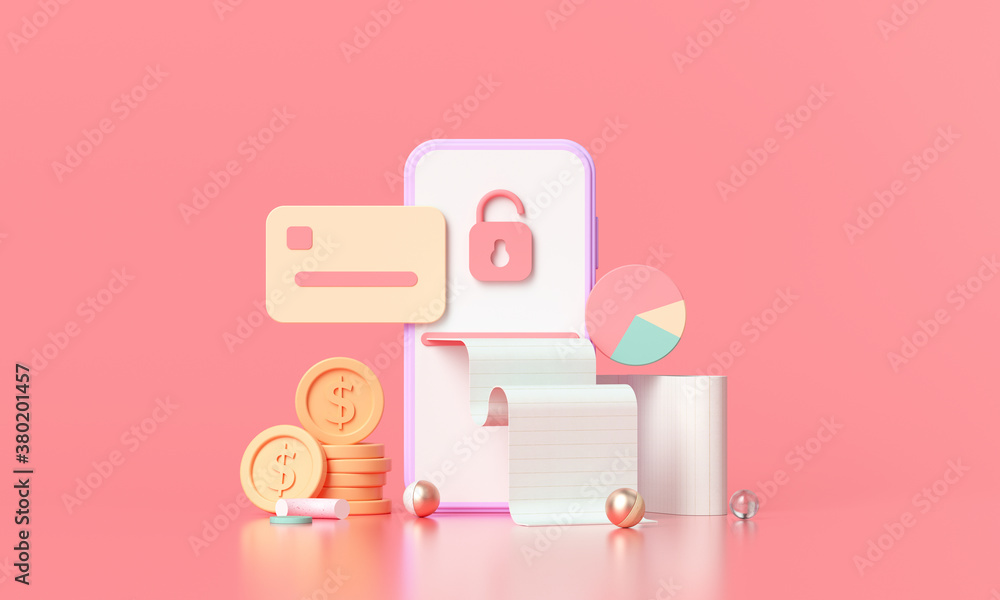 Poster 3d rendering payment via credit card concept. secure online payment transaction with smartphone. int