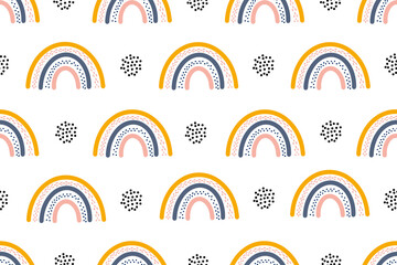Scandinavian style rainbow seamless pattern with abstract shapes and elements. Cute abstract rainbows in nordic colors on white background.