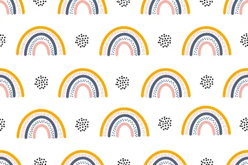 Tapeten Nahtloses Regenbogenmuster im skandinavischen Stil mit abstrakten Formen und Elementen. Niedliche abstrakte Regenbögen in nordischen Farben auf weißem Hintergrund. © lanastace