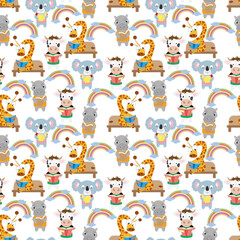 seamless pattern design with cute animal cartoon ornament, copy space
